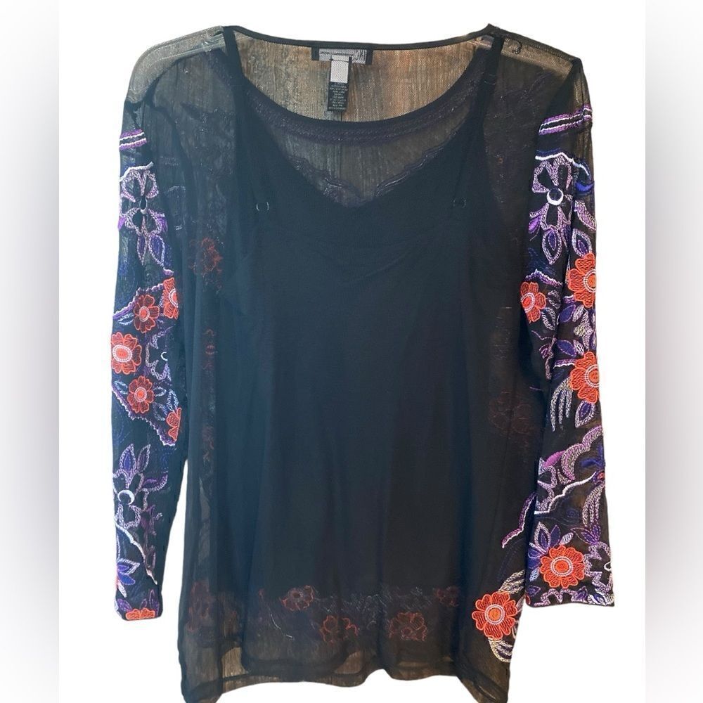 INC Sz M Black Purple Heavy Embroidered Front Design Sheer Overlay Tank Top - Picture 4 of 7